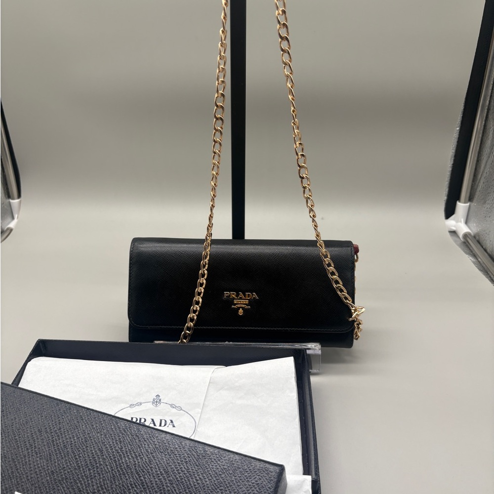 Prada Saffiano Leather Wallet On Chain Nero Peonia Black Pink Crossbody Clutch